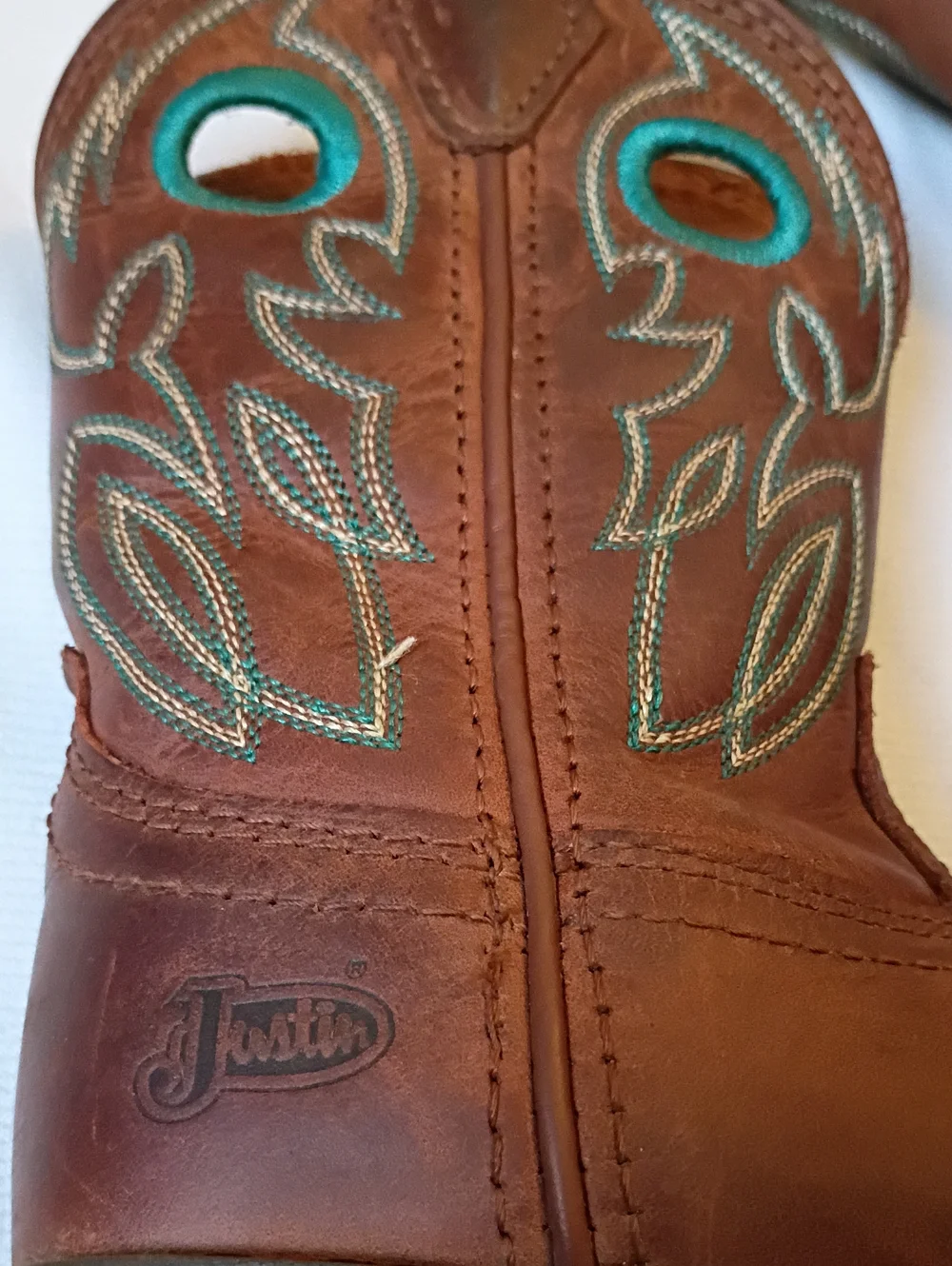 Justin Boots Kids Brown Leather Western Boots with Teal Stitching